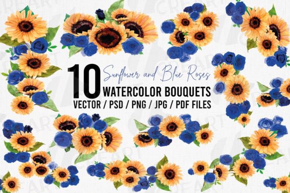 Sunflower & Blue Rose Bouquet Designs