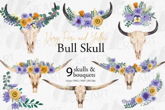 Very Peri and Yellow Floral Bull Skulls